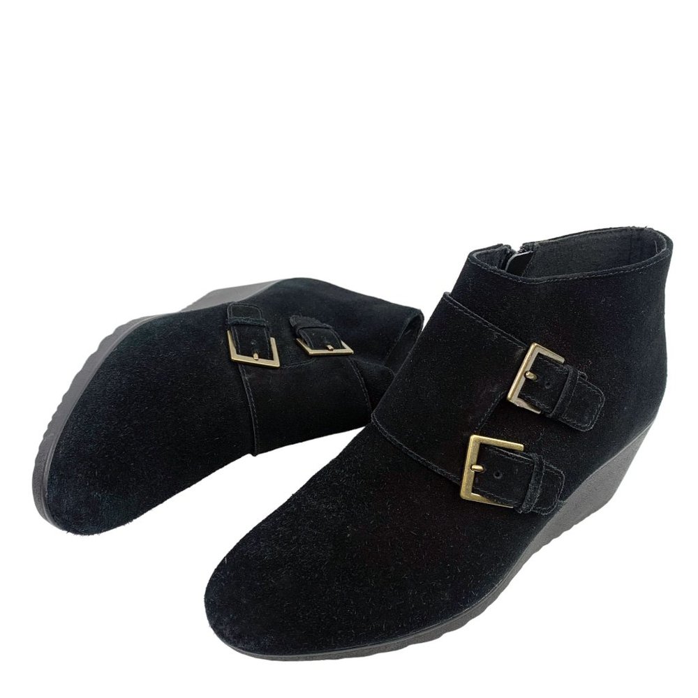 MUNRO‎ Drew Black Suede Double Strap Wedge Booties